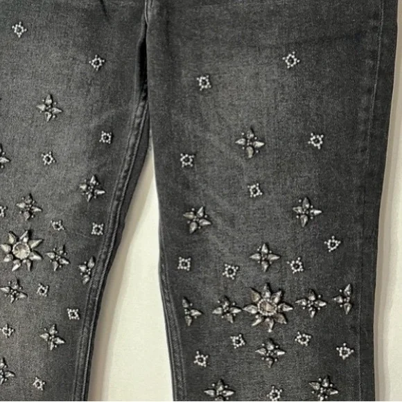 AllSaints NWT High-Waisted Rhinestone Embellished Flared Washed Black Jeans